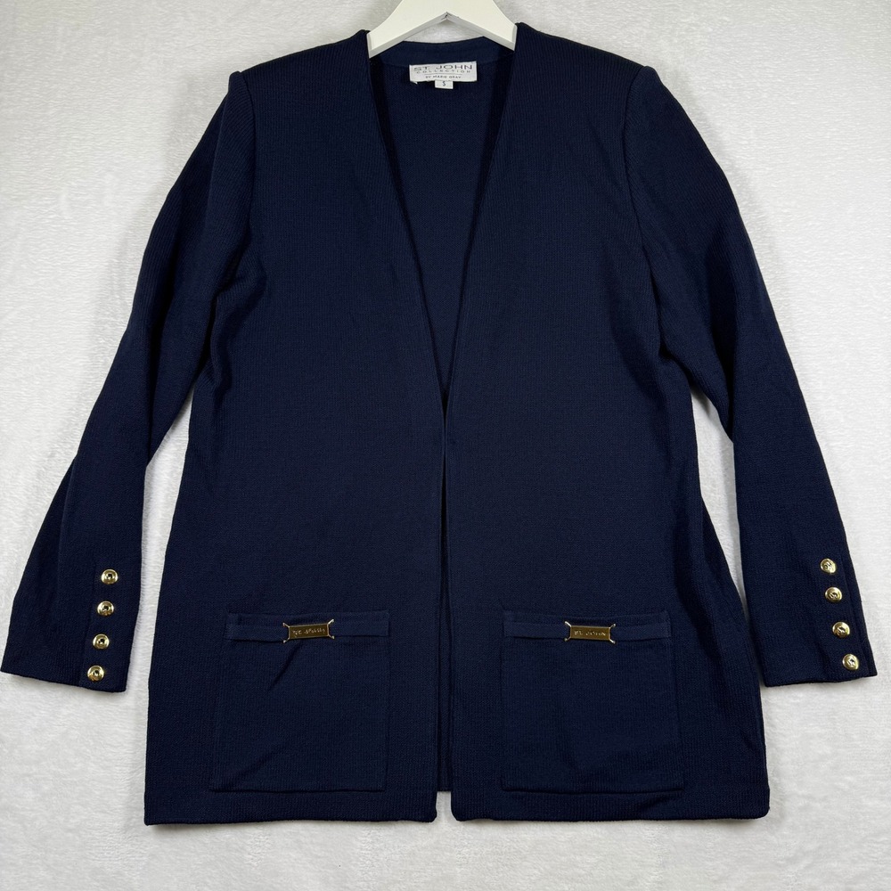 St John Collection Marie Gray Navy Blue Santana Knit Open Front Cardigan Small